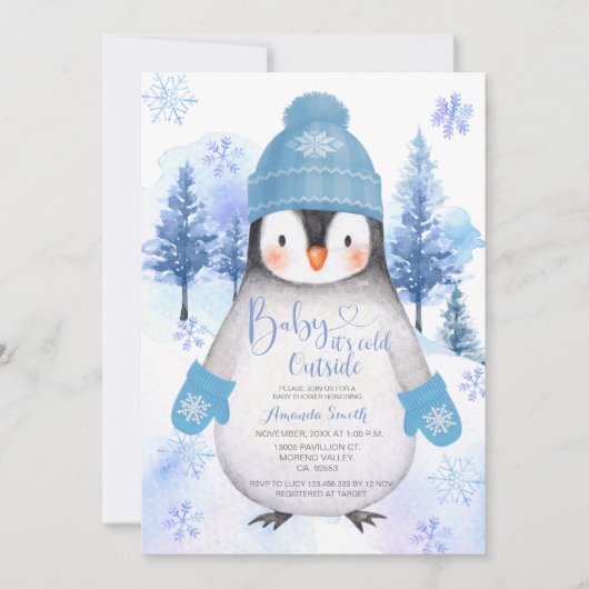 Pinguïn gebreid pet Sneeuwvlokken Silver Blue Kaart (Voorkant)
