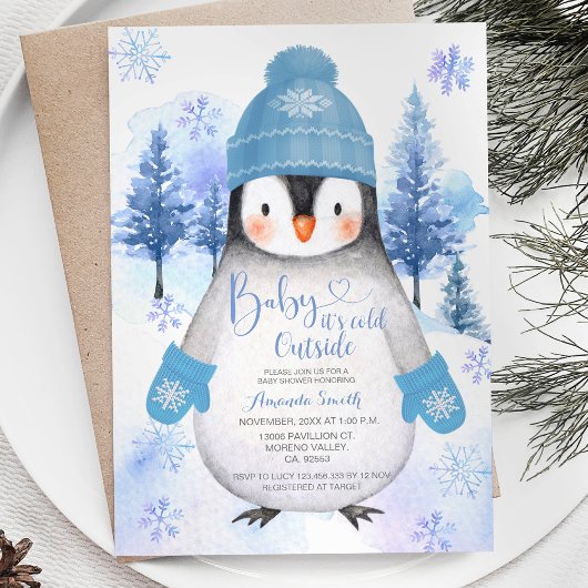 Pinguïn gebreid pet Sneeuwvlokken Silver Blue Kaart