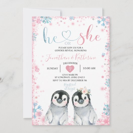 Pinguïn Gender onthullen Hij of zij Wintersnowflak Kaart (Voorkant)