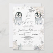 Pinguïn Gender onthullen Hij of zij Wintersnowflak Kaart (Voorkant)