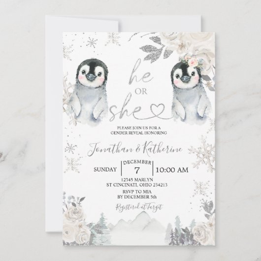 Pinguïn Gender onthullen Hij of zij Wintersnowflak Kaart (Voorkant)