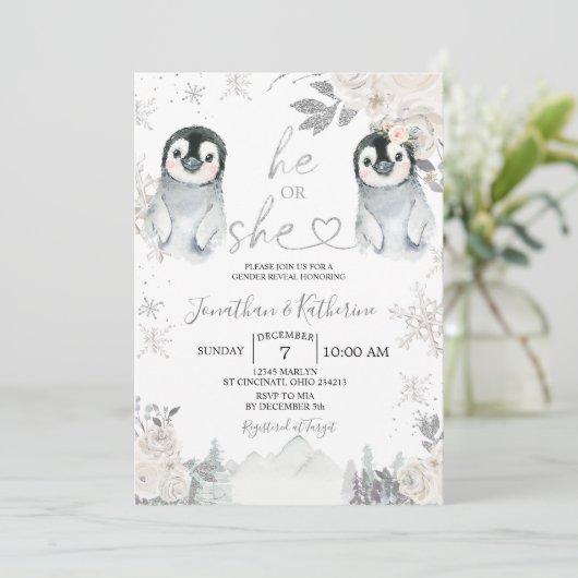 Pinguïn Gender onthullen Hij of zij Wintersnowflak Kaart (Staand voorkant)