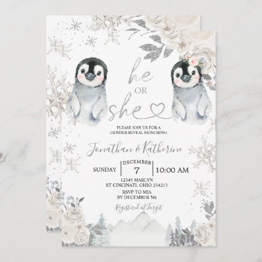 Pinguïn Gender onthullen Hij of zij Wintersnowflak Kaart (Voorkant / Achterkant)
