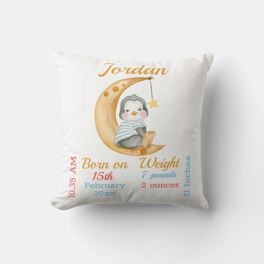 Pinguïn Halve Maan Baby Stats Kussen (Voorkant)