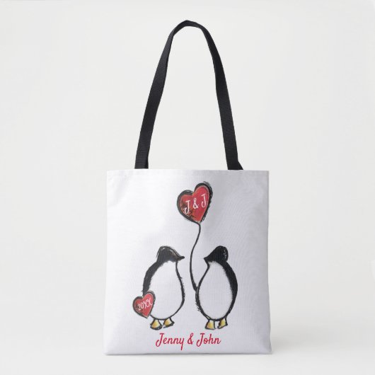 Pinguïn & harten bruiloft / verjaardag tote bag (Voorkant)