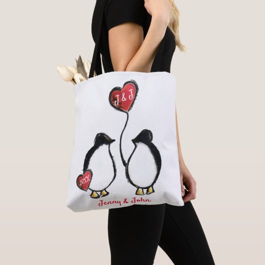 Pinguïn & harten bruiloft / verjaardag tote bag (Dichtbij)