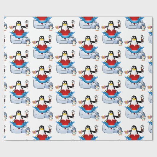 Pinguïn harten van Valentijnsdag Cadeaupapier (Vlak)