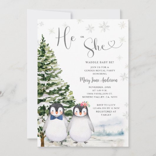 Pinguïn Hij of Zij Evergreen Winter Geslacht Onthu Kaart (Voorkant)