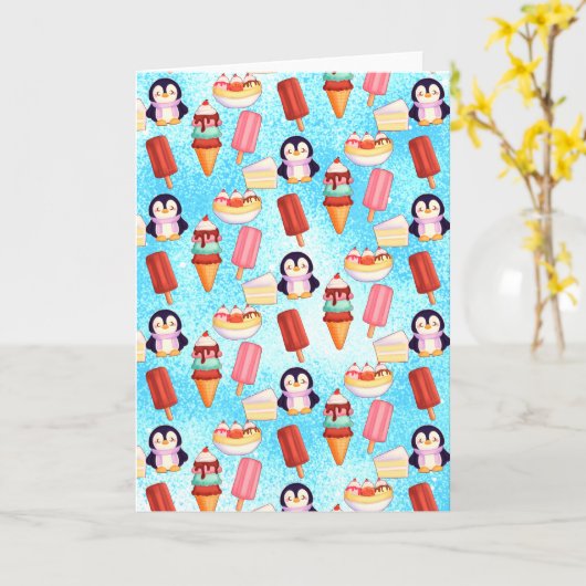 Pinguïn Ice Cream Sweets Kaart (Gele Bloem)
