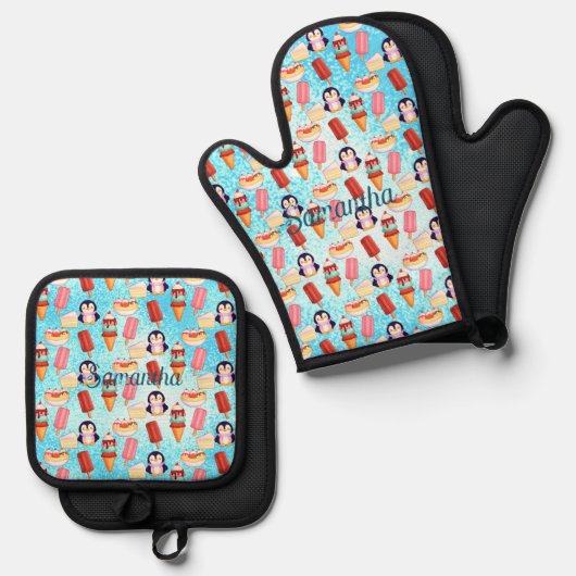 Pinguïn Ice Cream Sweets Ovenwant & Pannenlap Set (Voorkant / Achterkant)