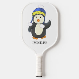 Pinguïn in Blauw en Geel Winter Pet Naam Pickleball Paddle