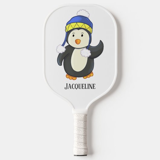 Pinguïn in Blauw en Geel Winter Pet Naam Pickleball Paddle (Voorkant)