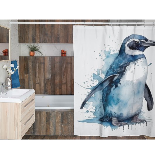 Pinguïn in blauwe waterverf douchegordijn