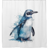 Pinguïn in blauwe waterverf douchegordijn (Voorkant)