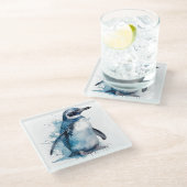 Pinguïn in blauwe waterverf glazen onderzetter (Schuin)