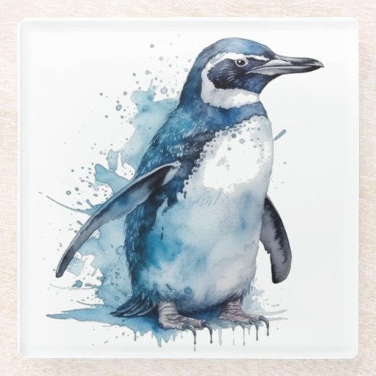 Pinguïn in blauwe waterverf glazen onderzetter (Voorkant)