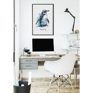 Pinguïn in blauwe waterverf poster
