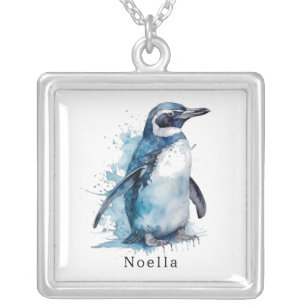 Pinguïn in blauwe waterverf zilver vergulden ketting
