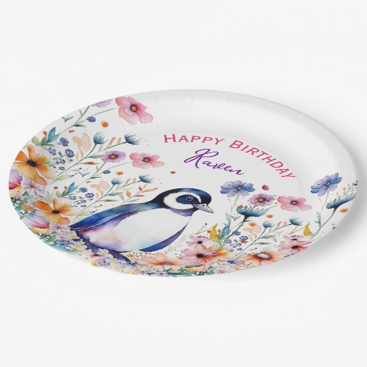 Pinguïn in Bloemen Meisjes Verjaardag Gepersonalis Papieren Bordje (Gekanteld)