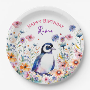 Pinguïn in Bloemen Meisjes Verjaardag Gepersonalis Papieren Bordje