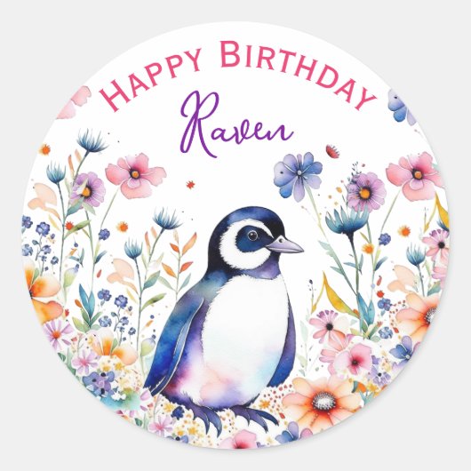 Pinguïn in Bloemen Meisjes Verjaardag Gepersonalis Ronde Sticker (Voorkant)