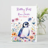 Pinguïn in Bloemen Meisjes Verjaardag Kaart (Staand voorkant)