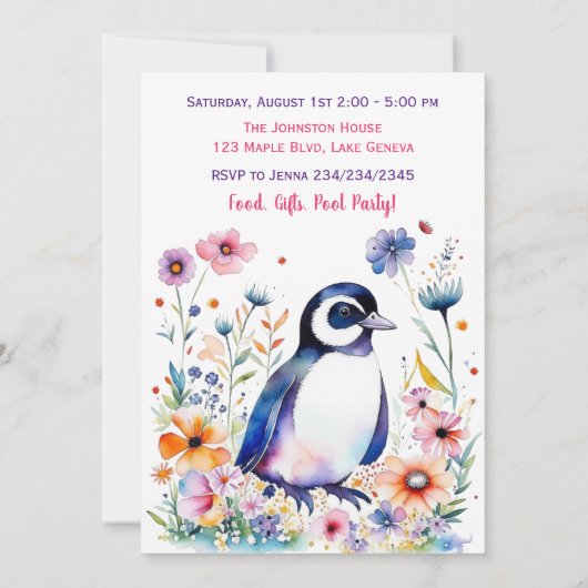 Pinguïn in Bloemen Meisjes Verjaardag Kaart (Achterkant)