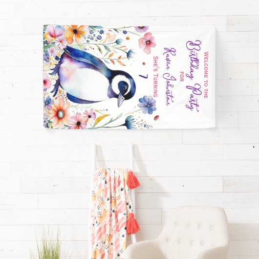 Pinguïn in Bloemen Verjaardagsfeestje van het Meis Spandoek (Insitu)