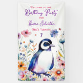 Pinguïn in Bloemen Verjaardagsfeestje van het Meis Spandoek (Verticaal)