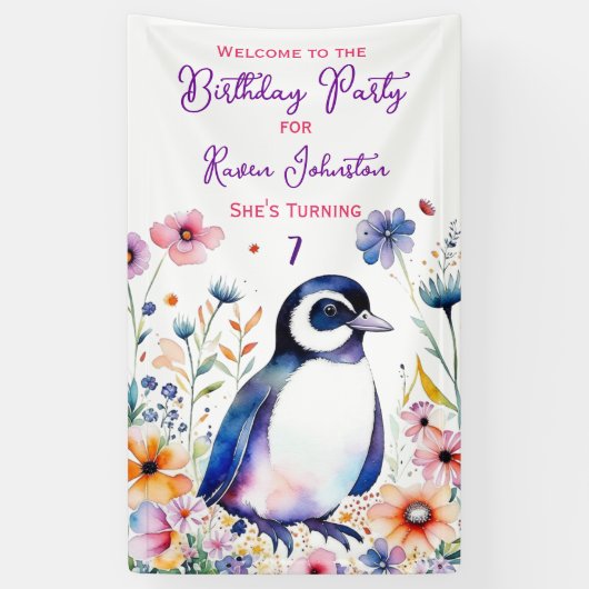 Pinguïn in Bloemen Verjaardagsfeestje van het Meis Spandoek (Verticaal)