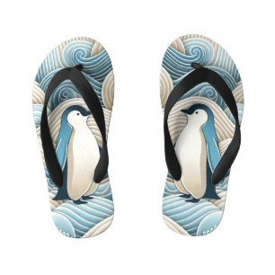 Pinguïn in crèmeblauwe Abstracte golven Kinder Teenslippers