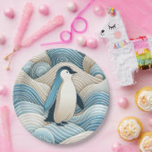 Pinguïn in crèmeblauwe Abstracte golven Papieren Bordje (Feest)