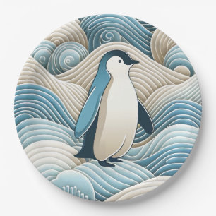 Pinguïn in crèmeblauwe Abstracte golven Papieren Bordje