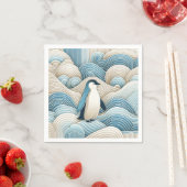 Pinguïn in crèmeblauwe Abstracte golven Servet (Insitu)