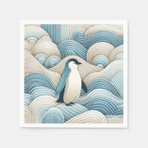 Pinguïn in crèmeblauwe Abstracte golven Servet