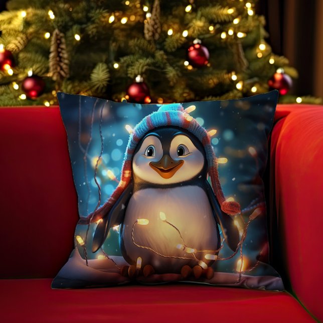 Pinguïn in de geest van Kerstmis Kussen (Penguin In The Spirit Of Christmas Throw Pillow)
