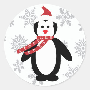 Pinguïn in de sneeuw met het Pet van de Kerstman o Ronde Sticker