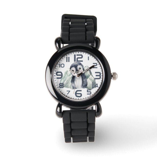 Pinguïn in de winter, met cijfers horloge (Voorkant)
