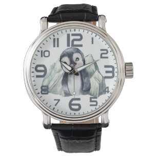 Pinguïn in de winter, met cijfers horloge