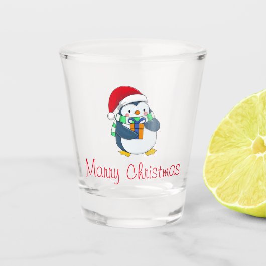 Pinguïn in een kerst Pet met Gift Shot Glass Shot Glas (Voorkant)