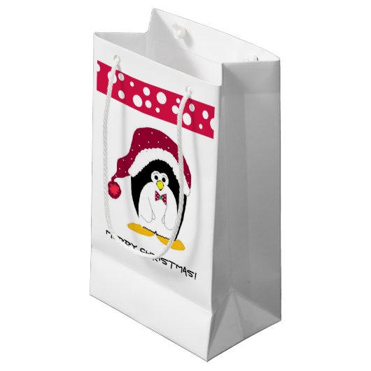 Pinguïn in een Kerstmannenhoed Klein Cadeauzakje (Voorkant Gekanteld)