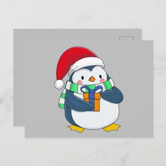 Pinguïn in een kerstpet met een cadeau-pilaar aankondigingskaart (Voorkant / Achterkant)