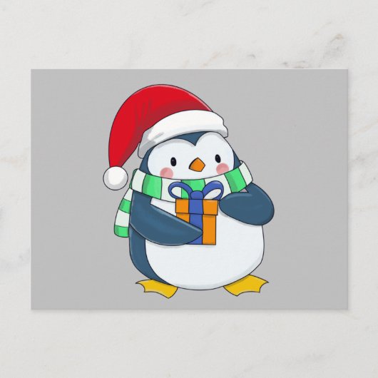 Pinguïn in een kerstpet met een cadeau-pilaar aankondigingskaart (Voorkant)