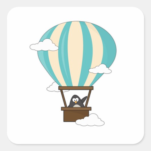 Pinguïn in luchtballon en wolken vierkante sticker (Voorkant)