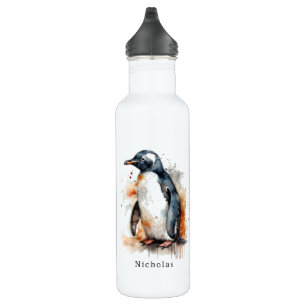 Pinguïn in oranje en zwarte waterverf waterfles 