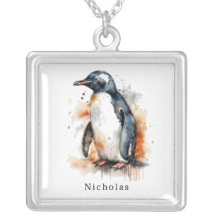 Pinguïn in oranje en zwarte waterverf zilver vergulden ketting