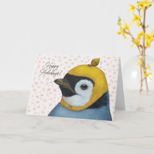 Pinguïn in pet met Acorn Holiday Card Kaart (Gele Bloem)