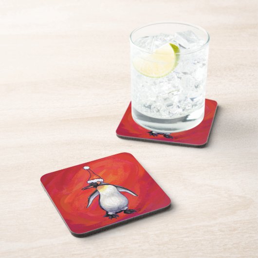 Pinguïn in Santa Hat op rood Bier Onderzetter (Rechterzijde)