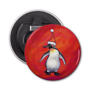 Pinguïn in Santa Hat op rood Button Flesopener