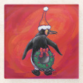 Pinguïn in Santa Hat op rood Glazen Onderzetter (Voorkant)